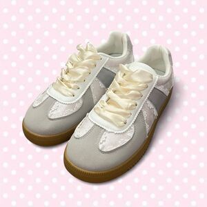 Shein Women's White and Grey Sneakers Ribbon Lace